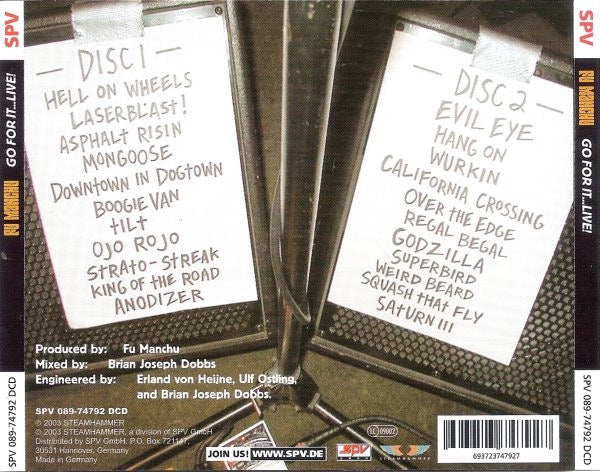 Image of Back Cover of 2xCD - VG+/VG - FU MANCHU, Go For It...Live! (Steamhammer; SPV 089-74792 DCD, Germany 2003, Double CD Case), ,  - 1516614C