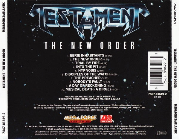 Image of Back Cover of CD - VG+/VG+ - TESTAMENT, The New Order (Megaforce Worldwide; 7567-81849-2, Europe , Jewel Case), ,  - 1516616C