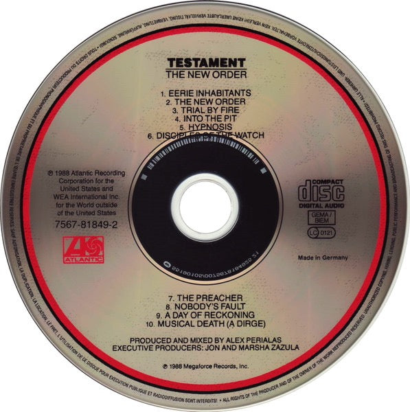 Image of Label Cover of CD - VG+/VG+ - TESTAMENT, The New Order (Megaforce Worldwide; 7567-81849-2, Europe , Jewel Case), ,  - 1516616C