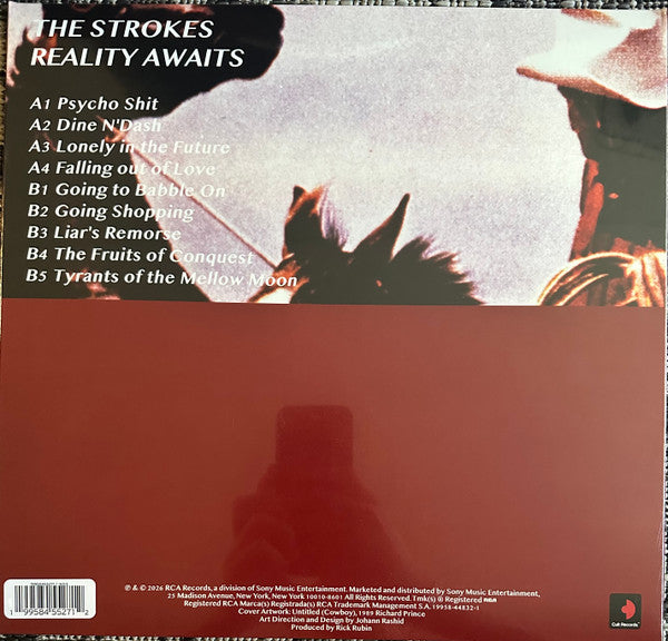 Image of Back Cover of LP - NEW/NEW - THE STROKES, Reality Awaits (Sony; 19958455271, UK 2026, Black Ice Glitter Vinyl), , Produced by Rick Rubin, Reality Awaits is the 7th album from The Strokes. Full track list includes nine new songs   set for release on June 26. - 3056049S