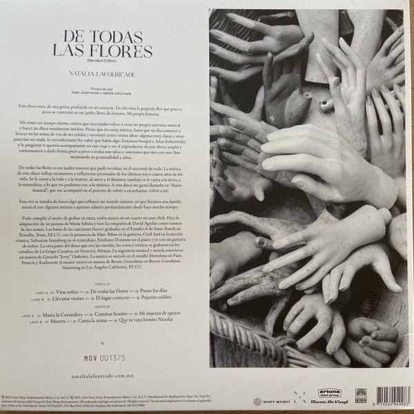 Image of Back Cover of 2xLP - NEW - NATALIA LAFOURCADE, De Todas las Flores (Sony; MOVLP3880C, UK 2026 Reissue, Gatefold, Insert, Crystal Clear Vinyl), , De Todas las Flores, dives into a wide variety of Latin jazz and folk genres, such as bolero, cumbia, bossa nova, and samba. Lafourcade describes the album as her musical diary, exploring themes of heartbreak, loss, and grief. - 2216365C