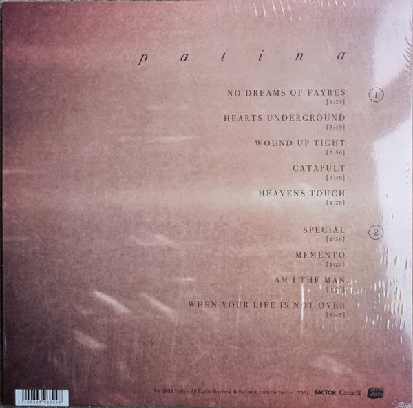 Image of Back Cover of LP - VG+/VG+ - TALLIES, Patina (Bella Union; BELLA1282V, UK & Europe 2022, Inner, Postcard, 140g Vinyl, Seafoam Green Vinyl), Strong VG+. Still partially in stickered shrinkwrap.,  - 1646031S