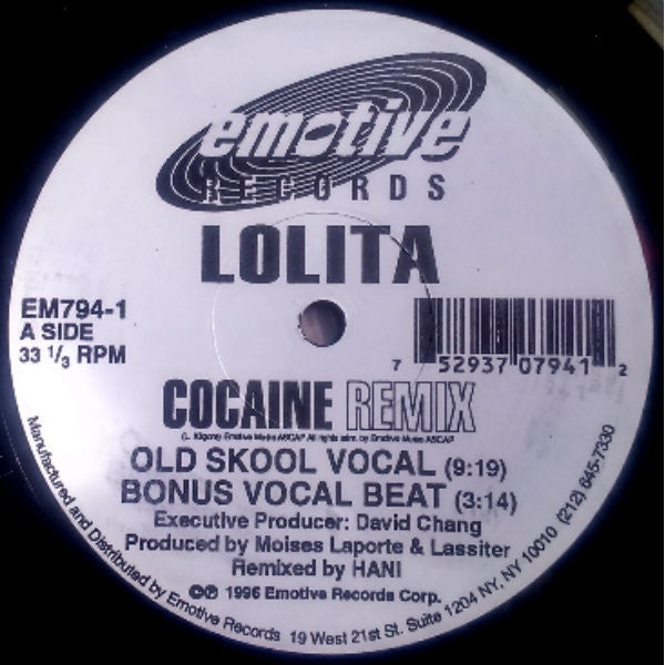 Image of Front Cover of 12" EP - /G+ - LOLITA, Cocaine (Remix) (Emotive Records; EM794-1, US 1996), Lots of light surface marks but plays well,  - 1626054E