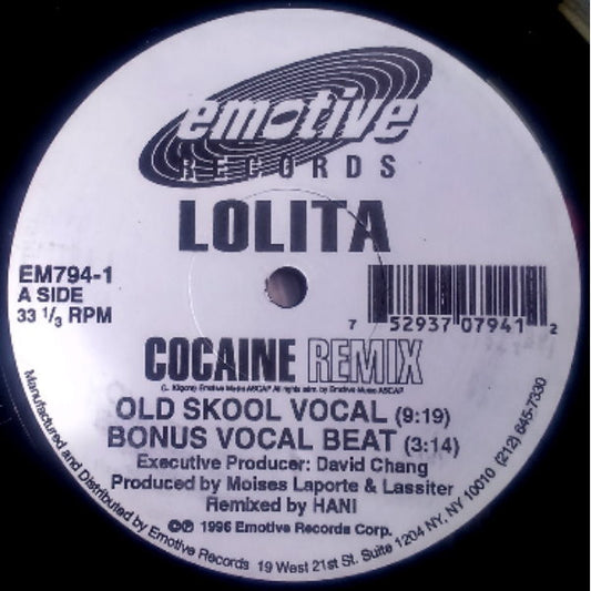 Image of Front Cover of 12" EP - /G+ - LOLITA, Cocaine (Remix) (Emotive Records; EM794-1, US 1996), Lots of light surface marks but plays well,  - 1626054E