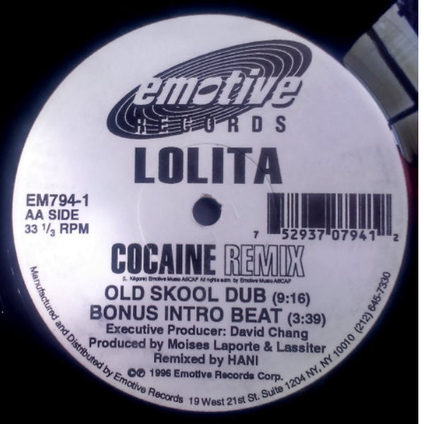 Image of Back Cover of 12" EP - /G+ - LOLITA, Cocaine (Remix) (Emotive Records; EM794-1, US 1996), Lots of light surface marks but plays well,  - 1626054E