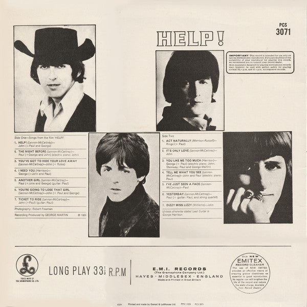 Image of Back Cover of LP - VG/VG - THE BEATLES, Help! (Parlophone Black & White Labels With Two EMI Boxes; PCS 3071, UK 1984 Reissue, G&L Sleeve, HTM Runouts On Both Sides), Strong VG,  - 2516087C