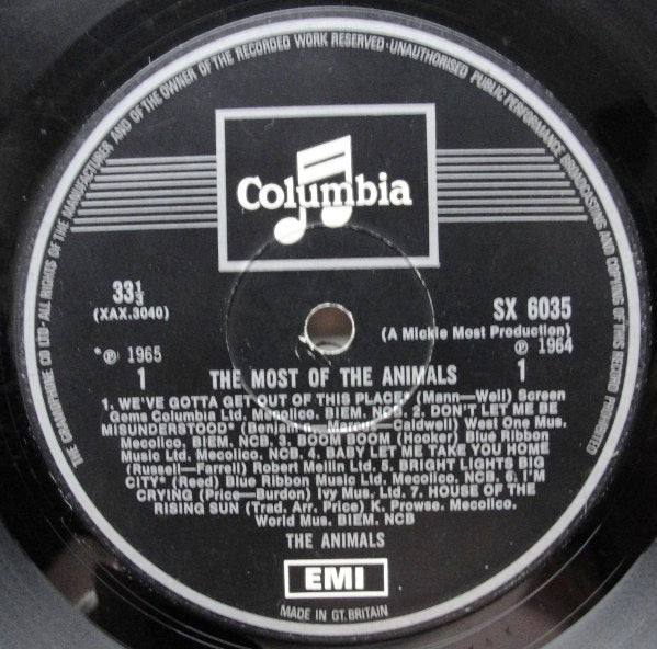 Image of Label Cover of LP - VG/VG - THE ANIMALS, The Most Of The Animals (Columbia; SX 6035, UK 1969 Reissue, Flipback Sleeve, Mono), Ring wear, Laminate bubbling,  - 5015091C