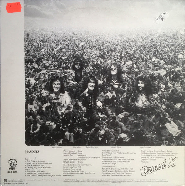 Image of Back Cover of LP - VG/VG - BRAND X, Masques (Charisma Hatter Phonogram Marketing; CAS 1138, UK 1978), Strong VG,  - 1626074E