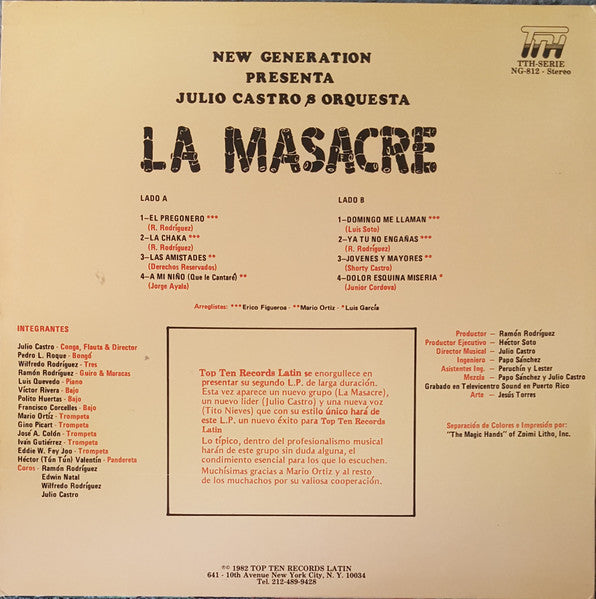 Image of Back Cover of LP - EX/VG+ - JULIO CASTRO & ORQUESTA LA MASACRE, New Generation Presenta Julio Castro & Orquesta La Masacre (Top Ten Hits; NG-812, US 1982), Light . hairlines.,  - 1626116E