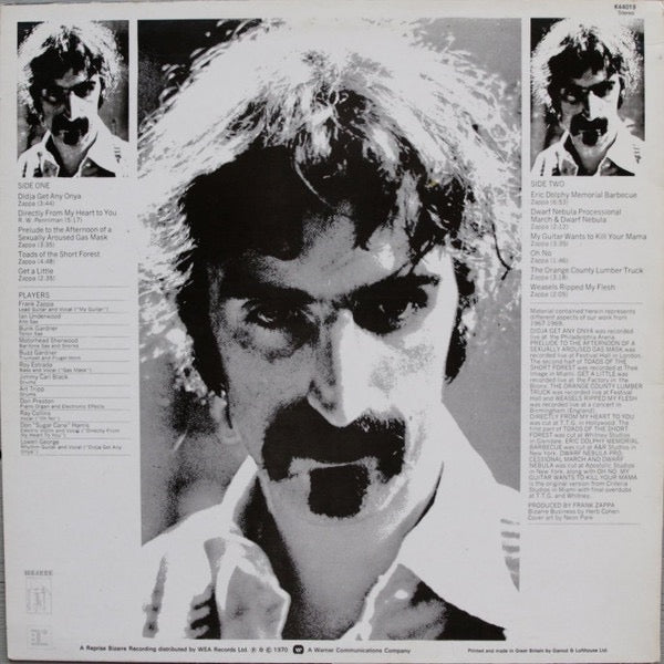 Image of Back Cover of LP - VG+/VG+ - THE MOTHERS OF INVENTION, Weasels Ripped My Flesh (Reprise Records Steamboat Labels With Manufactured In UK And Warner Logo In Rim Text; K 44019, UK 1979 Reissue), ,  - 3016184C