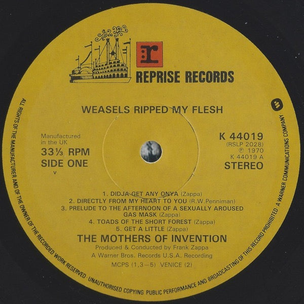 Image of Label Cover of LP - VG+/VG+ - THE MOTHERS OF INVENTION, Weasels Ripped My Flesh (Reprise Records Steamboat Labels With Manufactured In UK And Warner Logo In Rim Text; K 44019, UK 1979 Reissue), ,  - 3016184C