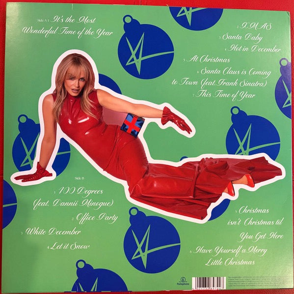 Image of Back Cover of LP - NEW/NEW - KYLIE, Kylie Christmas (Fully Wrapped) (Parlophone; 5021732847447, Europe 2025 Reissue, Limited Edition, Transparent Green Vinyl), , A1 It's The Most Wonderful Time Of The YearA2 XMASA3 Santa BabyA4 Hot In DecemberA5 At ChristmasA6 Santa Claus Is Coming To TownA7 This Time Of YearB1 100 DegreesB2 Office PartyB3 White DecemberB4 Let It SnowB5 Christmas Isn't Christmas 'Til You Get HereB6 Have Yourself A Merry Little Christmas - 1536316E