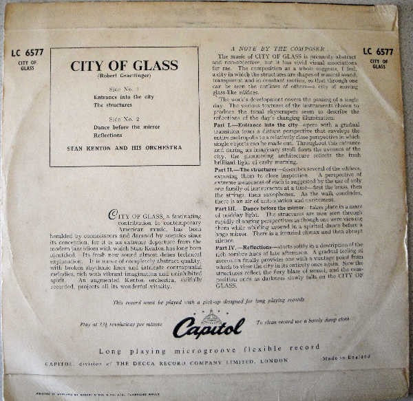 Image of Back Cover of 10" - VG/G+ - BOB GRAETTINGER / STAN KENTON, City Of Glass (Capitol Records; LC 6577, UK 1952, Flipback Sleeve), Light marks only. Sleeve is nicely intact.,  - 1616248C