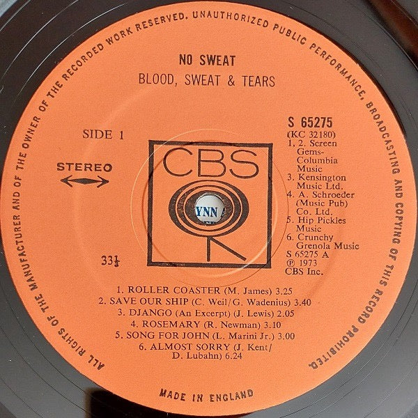 Image of Label Cover of LP - VG/VG+ - BLOOD, SWEAT & TEARS, No Sweat (CBS Orange Labels; 65275, UK 1973, Gatefold), With company inner,  - 1616221C