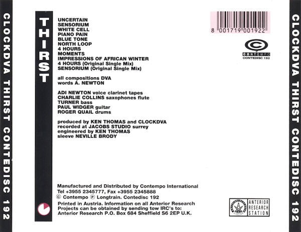 Image of Back Cover of CD - VG+/G+ - CLOCK DVA, Thirst (Contempo Records; Contedisc 192, Italy 1992 Reissue, Jewel Case), ,  - 1636089E