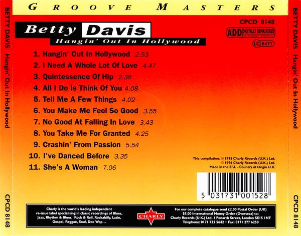 Image of Back Cover of CD - VG+/VG+ - BETTY DAVIS, Hangin' Out In Hollywood (Charly Records; CPCD 8148, UK 1996), ,  - 1616282C