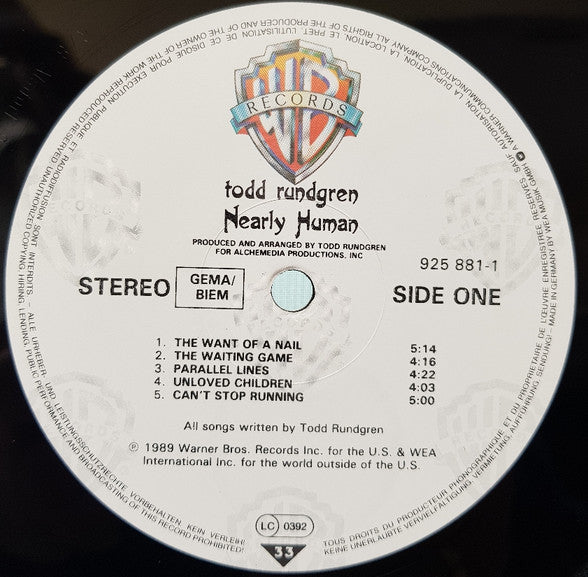 Image of Label Cover of LP - VG/VG+ - TODD RUNDGREN, Nearly Human (Warner Bros. Records; 925 881-1, Europe 1989, Inner), ,  - 1616266C