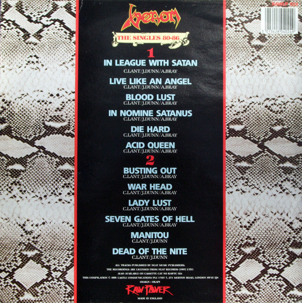 Image of Back Cover of LP - VG/VG - VENOM, The Singles 80-86 (Raw Power; RAWLP 024, UK 1986), ,  - 1626211E