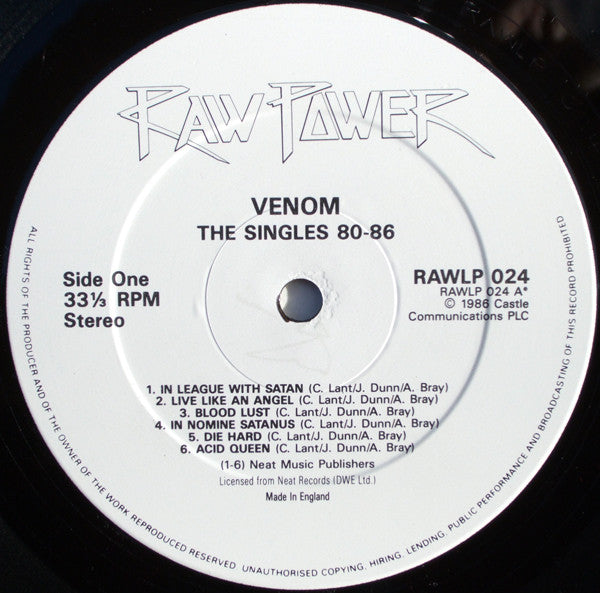 Image of Label Cover of LP - VG/VG - VENOM, The Singles 80-86 (Raw Power; RAWLP 024, UK 1986), ,  - 1626211E