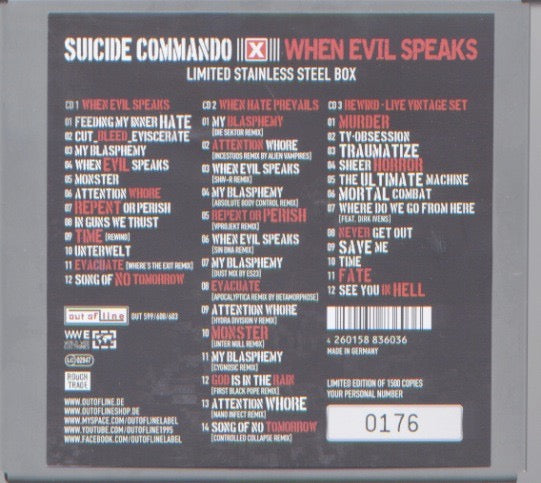 Image of Back Cover of 3xCD - VG+/VG+ - SUICIDE COMMANDO, When Evil Speaks (Out Of Line; OUT 599 | 600 | 603, Germany 2013, Box Set, Limited Edition 0944 of 1500), ,  - 1636096E