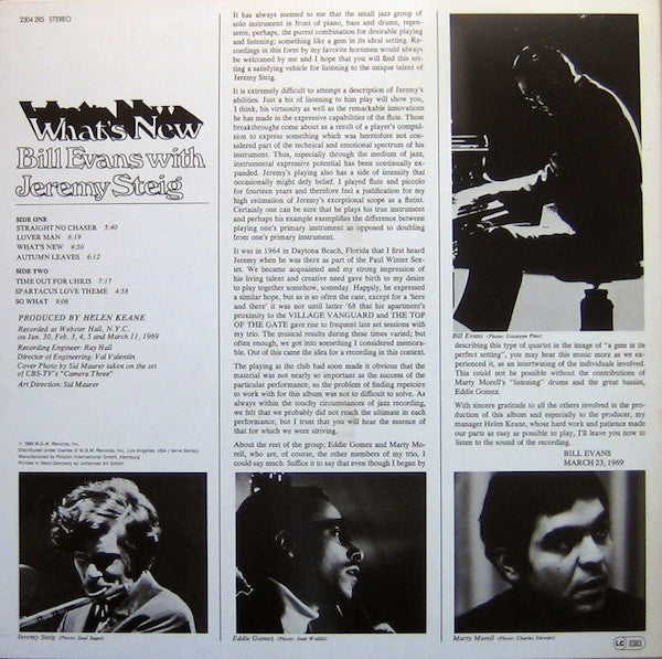 Image of Back Cover of LP - G+/VG+ - BILL EVANS & JEREMY STEIG, What's New (Verve Records ; 2304 285, Germany 1980s Reissue), Sticker Damage To Sleeve, Sticker Stuck To Sleeve, Writing On Rear Sleeve,  - 1526407E