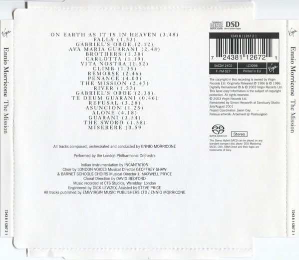 Image of Back Cover of SACD - VG+/EX - ENNIO MORRICONE, The Mission (Original Soundtrack From The Film) (Virgin; SACDV 2402, UK & Europe 2003), Promo sticker over barcode.,  - 1616346C