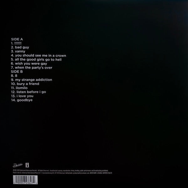 Image of Back Cover of LP - NEW/NEW - BILLIE EILISH, WHEN WE ALL FALL ASLEEP, WHERE DO WE GO? (Universal; 9572362, UK 2026 Reissue, Baby Blue Vinyl), , First international pressing in baby blue. This record is made of BioVinyl, which prevents climate pollution by replacing the petroleum typically used in vinyl production with used cooking oil and waste gases. All paper and board-based packaging is FSC -certified and 100% recycled, and ink is raw and plant-based. Reusable, 100% recycled poly sleeves replace 