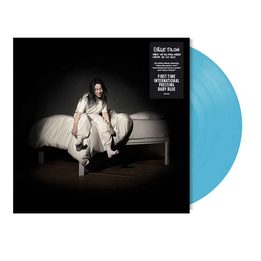 Image of Label Cover of LP - NEW/NEW - BILLIE EILISH, WHEN WE ALL FALL ASLEEP, WHERE DO WE GO? (Universal; 9572362, UK 2026 Reissue, Baby Blue Vinyl), , First international pressing in baby blue. This record is made of BioVinyl, which prevents climate pollution by replacing the petroleum typically used in vinyl production with used cooking oil and waste gases. All paper and board-based packaging is FSC -certified and 100% recycled, and ink is raw and plant-based. Reusable, 100% recycled poly sleeves replace