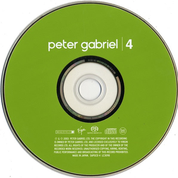 Image of Label Cover of SACD - VG+/VG+ - PETER GABRIEL, 4 (Real World Records; SAPGCD 4, Europe 2003, Stickered Case, Hybrid Stereo), One very light circular mark on disc. Promo sticker over barcode.,  - 1616347C