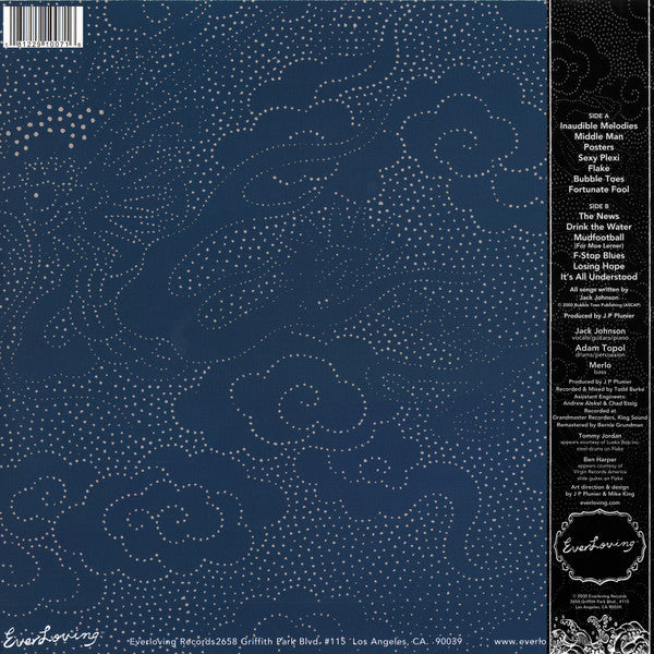 Image of Back Cover of LP - VG+/VG+ - JACK JOHNSON, Brushfire Fairytales (Everloving; EVE001, US 2011 Reissue, 180 Gram Vinyl, with Obi), Still In Opened Shrinkwrap With Hype Sticker,  - 1646162S