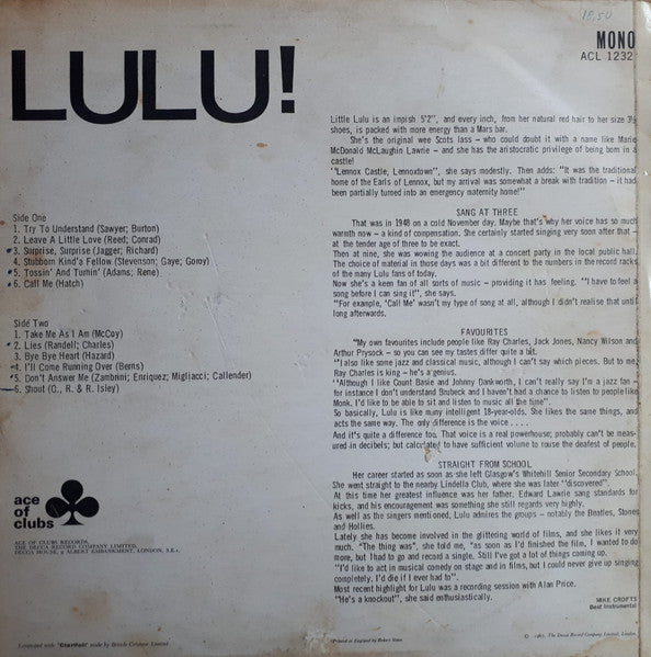 Image of Back Cover of 0925520E: LP - LULU, Lulu! (Ace of Clubs; ACL 1232, UK 1967, Laminated Front Sleeve, Mono)   VG/VG