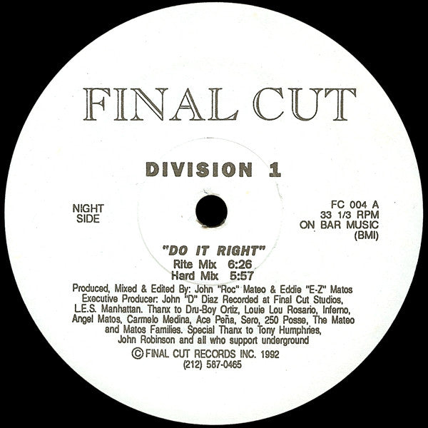Image of Front Cover of 12" - /G+ - DIVISION 1, Do It Right (Final Cut; FC 004, US 1992), ,  - 4246503S