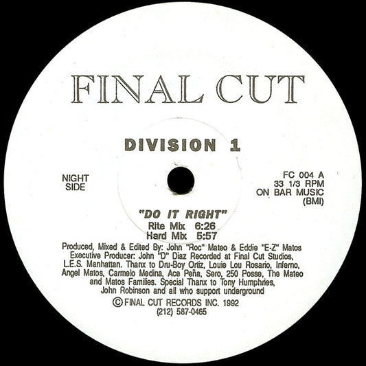 Image of Front Cover of 12" EP - /VG - DIVISION 1, Do It Right (Final Cut; FC 004, US 1992), ,  - 1646228S