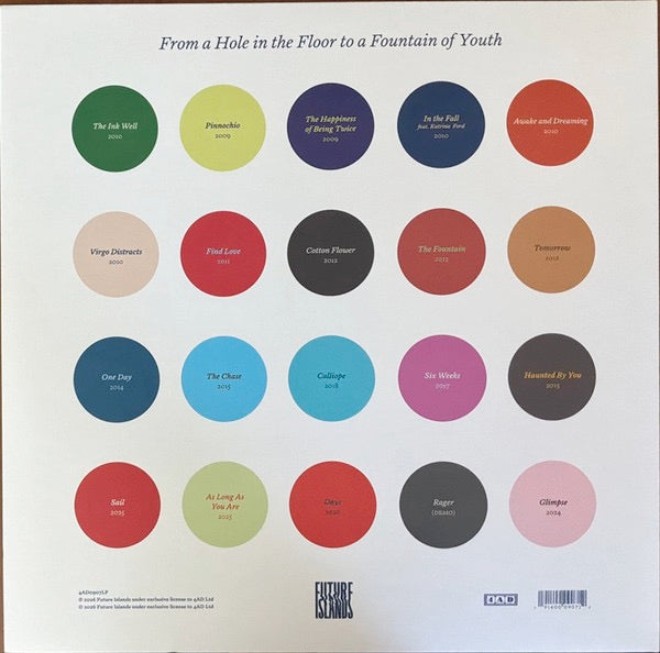 Image of Back Cover of 2x12" - NEW/NEW - FUTURE ISLANDS, From a Hole in the Floor to a Fountain of Youth (4AD; 4AD0907LP, UK 2026, Blue/Apricot Vinyl), ,  Future Islands present From a Hole in the Floor to a Fountain of Youth - an immediate and accessible collection   half of which has never appeared on streaming services   comprising alternate hits, rarities, and fan favourites that showcase the band s palette and bring further colour to their uniquely universal appeal. The album will be released on 22 May