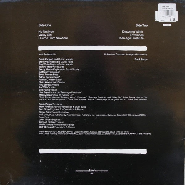 Image of Back Cover of LP - VG/G+ - ZAPPA, Ship Arriving Too Late To Save A Drowning Witch (Fame Labels With EMI Box ; FA 3180, UK 1988 Reissue), Light Marks only.,  - 1616239C