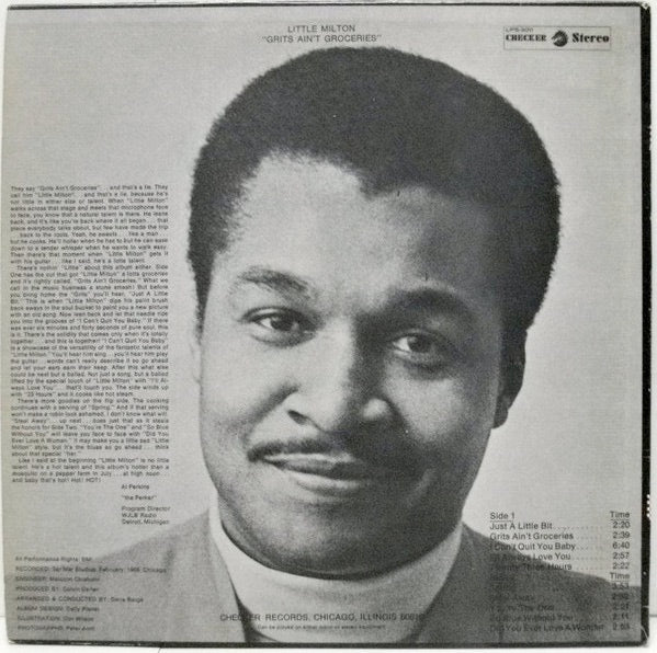 Image of Back Cover of LP - G+/VG - LITTLE MILTON, Grits Ain't Groceries (Featuring "Just A Little Bit") (Checker; LPS-3011, US 1969, Promo, Pasteback Sleeve, Stereo), Bottom seam tapped. Light marks to disc.,  - 1616392C