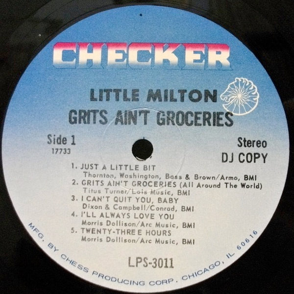 Image of Label Cover of LP - G+/VG - LITTLE MILTON, Grits Ain't Groceries (Featuring "Just A Little Bit") (Checker; LPS-3011, US 1969, Promo, Pasteback Sleeve, Stereo), Bottom seam tapped. Light marks to disc.,  - 1616392C