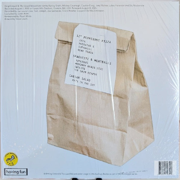 Image of Back Cover of LP - NEW/NEW - KING GIZZARD & THE LIZARD WIZARD, Italian Feast (Having Fun;  LPHVGF018X, UK 2026, Italian Feast Pizza & Spaghetti + Meatballs Picture Disc Vinyl, Caesar Salad flexi 7" + napkin), ,  - 2036045E