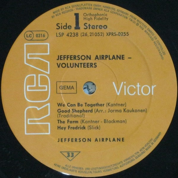 Image of Label Cover of LP - VG/VG+ - JEFFERSON AIRPLANE, Volunteers (RCA Victor With GEMA Box & LC On Labels; LSP 4238, Germany 1970s Reissue), ,  - 1616416C