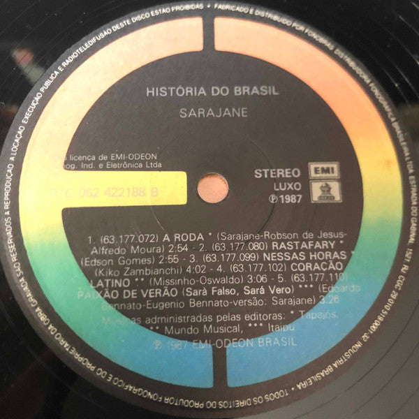 Image of Label Cover of LP - G+/G+ - SARAJANE, Hist ria Do Brasil (EMI; 31C 062 422188, Brazil 1987, Insert), Cover torn on loading side, edge and ring wear. Moisture damage to insert.,  - 1646122S