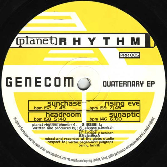 Image of Front Cover of 12" EP - VG/VG+ - GENECOM, Quaternary EP (Planet Rhythm Records; PRR 005, Sweden 1994, Company Sleeve), ,  - 1626059E