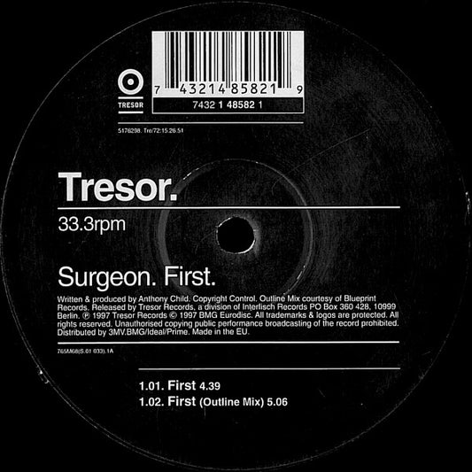 Image of Front Cover of 12" - G/G+ - SURGEON, First (Tresor; TRE/72, UK & Europe 1997, Company Sleeve), Sleeve has two very creased and worn / damaged corners, A1	FirstA2	First (Outline Mix)B	First (Regis Smethwick Alloy Mix) - 1616499C