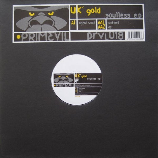 Image of Front Cover of 12" - G/G - UK GOLD, Soulless E.P. (Primevil; prvl018, UK 2000, Stickered Plain Sleeve), Sleeve worn and damaged / split at edges. Wear and scuffs throughout. A corner liquid damaged and creased, A1	Agent WoodAA1	ConfinedAA2	Lost - 1616540C