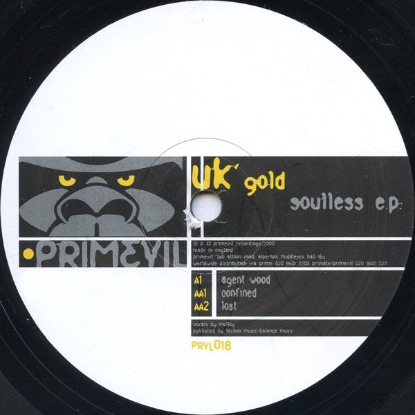 Image of Label Cover of 12" - G/G - UK GOLD, Soulless E.P. (Primevil; prvl018, UK 2000, Stickered Plain Sleeve), Sleeve worn and damaged / split at edges. Wear and scuffs throughout. A corner liquid damaged and creased, A1	Agent WoodAA1	ConfinedAA2	Lost - 1616540C