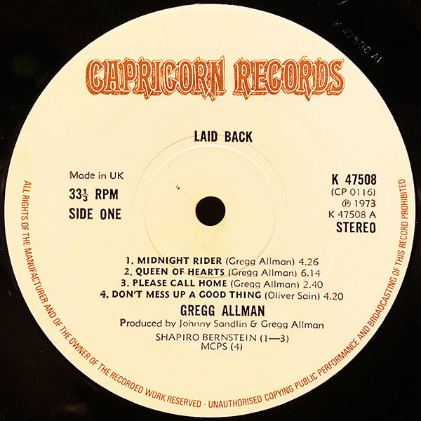 Image of Label Cover of LP - VG/VG - GREGG ALLMAN, Laid Back (Capricorn Records; K 47508, UK 1973), ,  - 1626328E