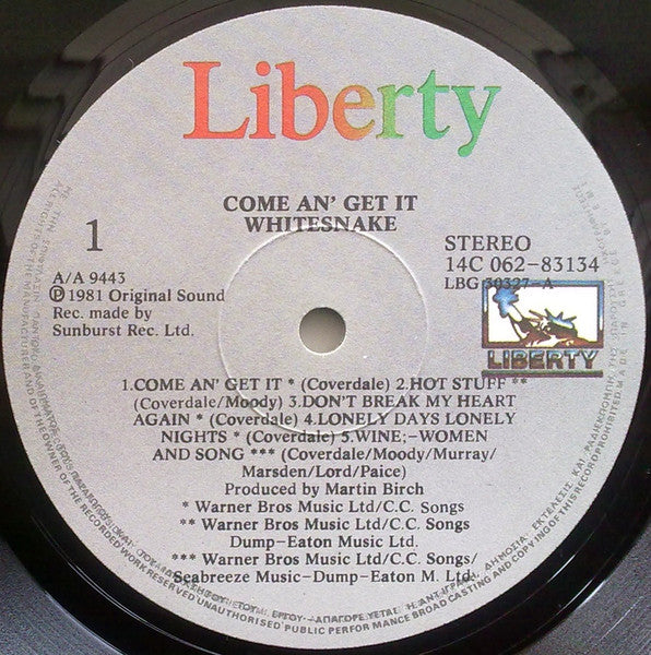 Image of Label Cover of LP - VG/VG - WHITESNAKE, Come An' Get It (Liberty; 14C 062-83134, Greece 1981), ,  - 1626329E