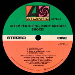 Image of Label Cover of LP - VG/VG+ - ALEEM FEATURING LEROY BURGESS, Shock! (Atlantic; 81784-1, US 1987), Lightest marks. Light ringwear. Cut out sleeve,  - 1726129E
