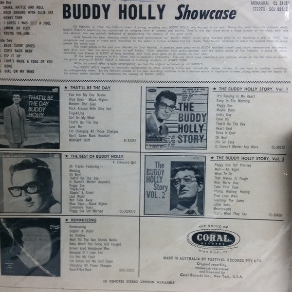Image of Back Cover of LP - VG/VG - BUDDY HOLLY, Showcase (Coral; SCL 931337, Australia 1964), Ringwear, light mildew marks on front cover. ,  - 1626358E