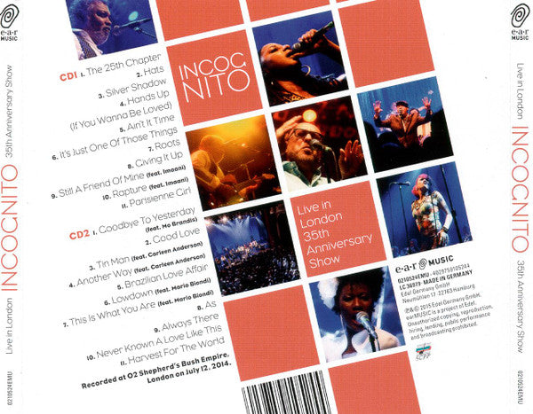Image of Back Cover of CD - VG+/VG+ - INCOGNITO, Live In London 35th Anniversary Show (Ear Music ; 0210524EMU, Germany 2015), ,  - 1656237S