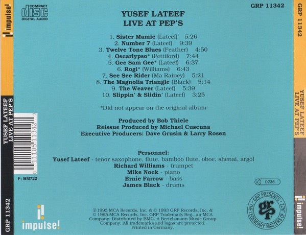 Image of Back Cover of CD - VG+/VG+ - YUSEF LATEEF, Live At Pep's (GRP; GRP 11342, Europe , Jewel Case), ,  - 1716006C